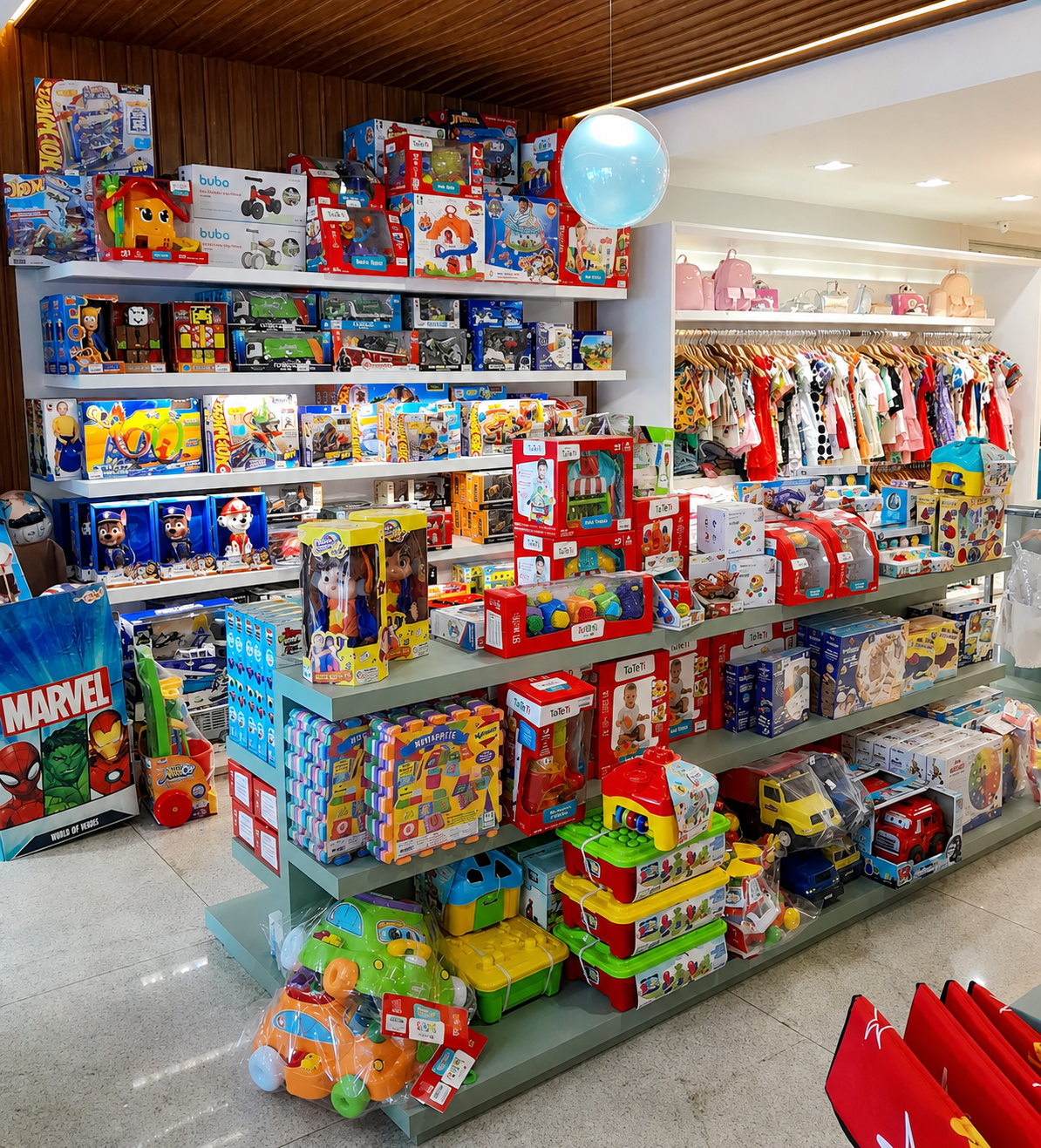 Seção de brinquedos da loja Rocambole Kids